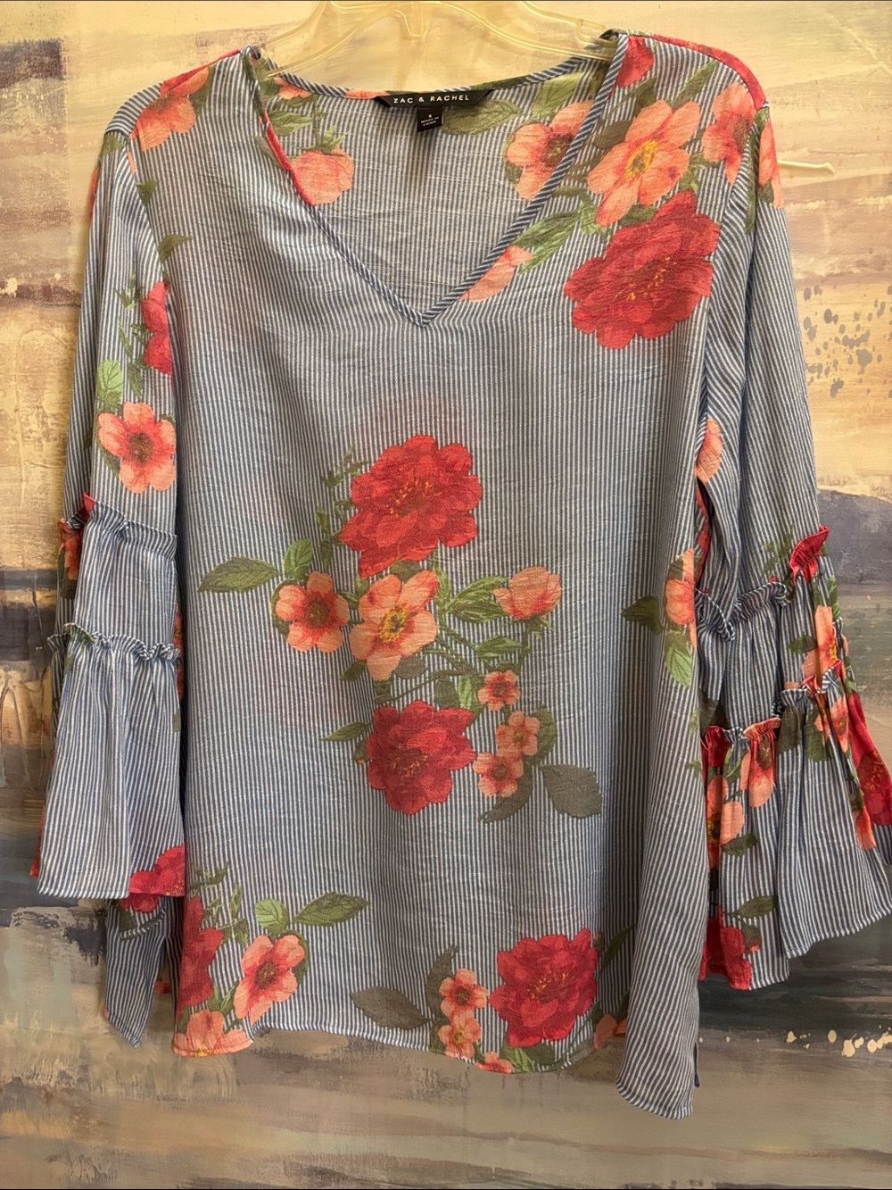 Zac & Rachel Blue Pinstripe V-Neck Floral Bell-Sleeve Tunic